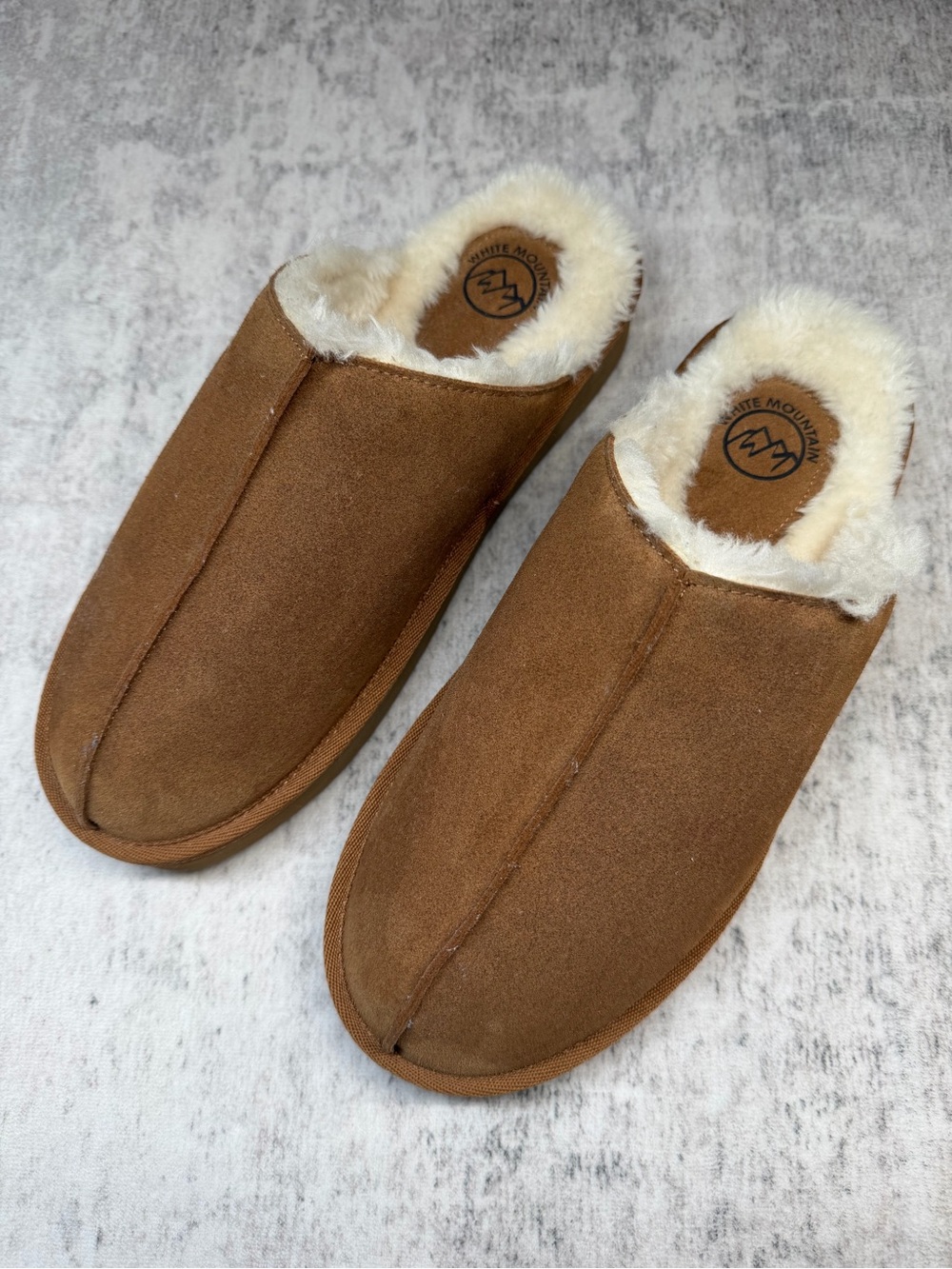 White Mountain Women's Brown Faux-Suede Slip-On Slippers w/Cream Fur Lining SZ 9